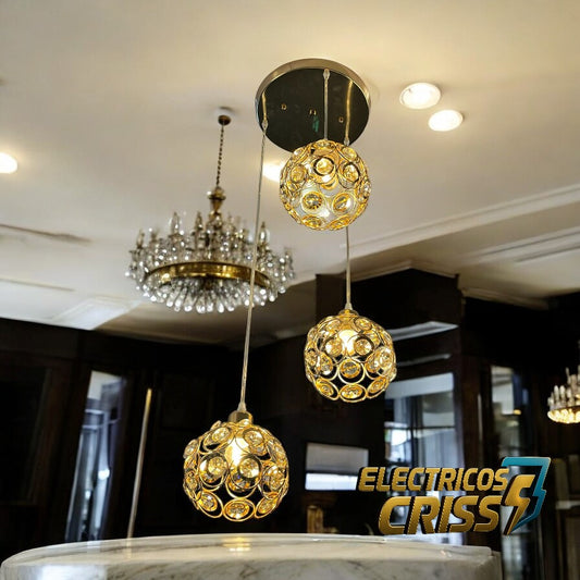 LÁMPARA DE 3 CANASTILLAS DORADAS EN CRISTALES